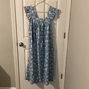 Linen blend long midi or maxi dress blue floral